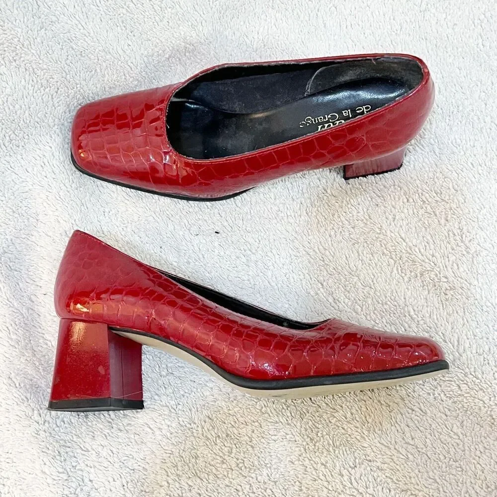 Vtg 80/90s Paul De LaGrange Women Red Pump Block Heel 36 Square Toe Retro France